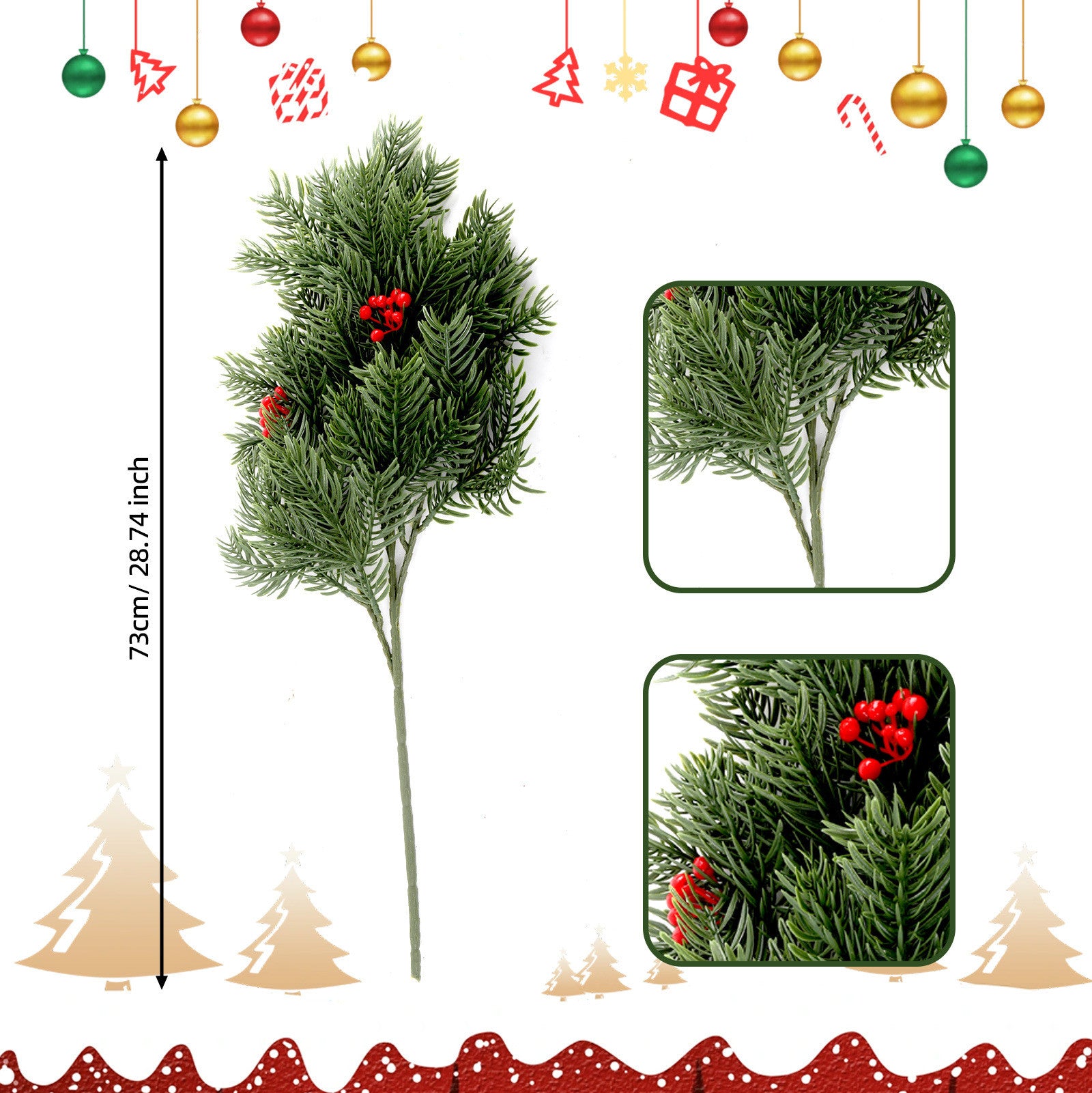 Künstlicher Weihnachtsbaum-Zweig, 73 cm, Kunststoff, realistisch, ideal für Festdekoration, Heimdekoration, Hochzeiten, Cafés