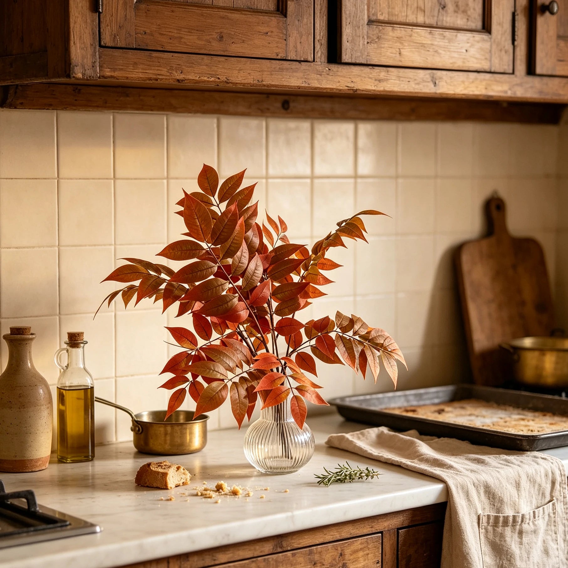 Künstliche Herbstzweige im rustikalen Landhausstil, Rost-Olivgrün Gradient Blätter, realistische Herbstdeko für Esstisch Sideboard Wohnzimmer