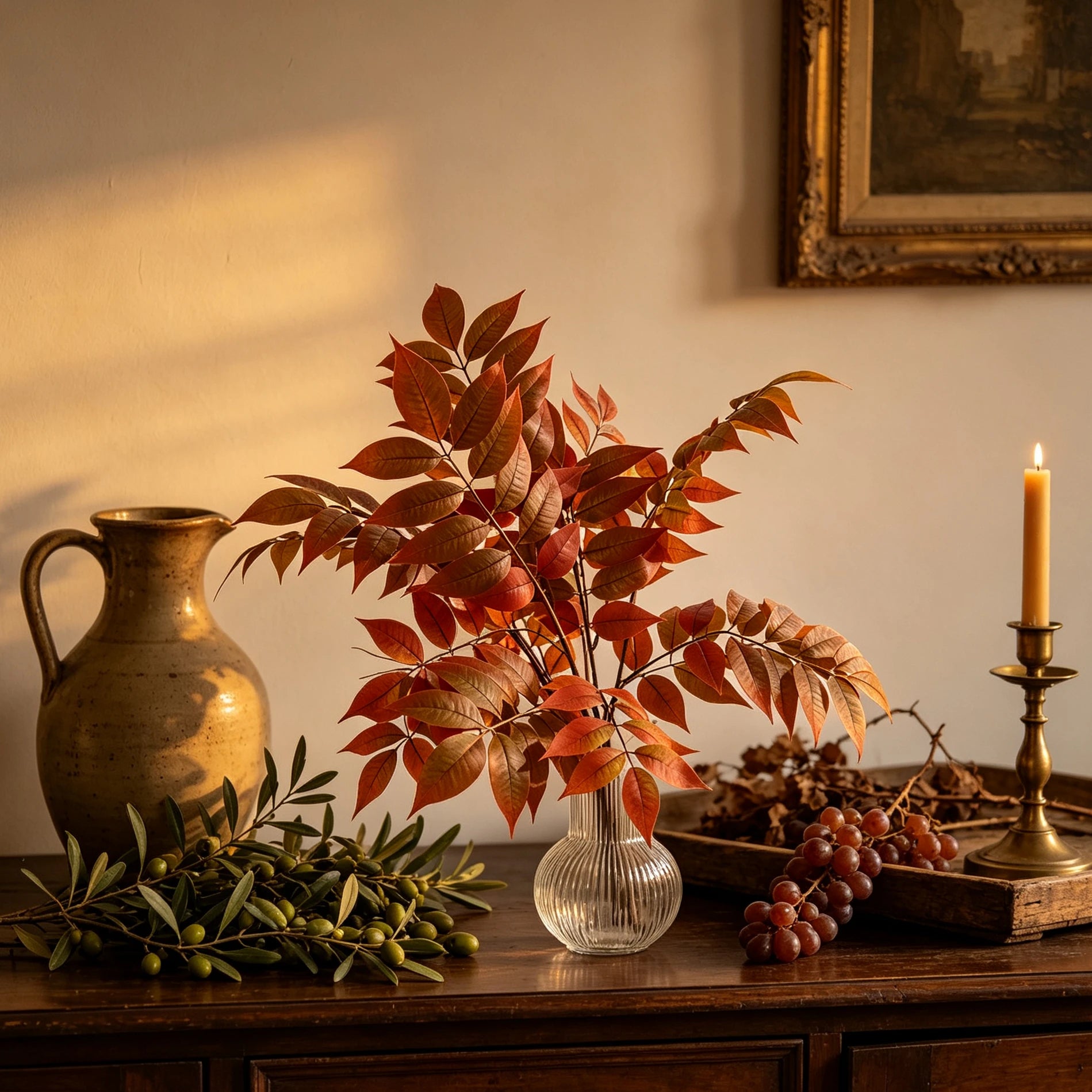 Künstliche Herbstzweige im rustikalen Landhausstil, Rost-Olivgrün Gradient Blätter, realistische Herbstdeko für Esstisch Sideboard Wohnzimmer