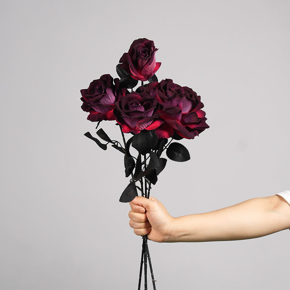 Künstliche Gothic-Rose, 52 cm, dunkle Halloween-Dekoration, realistische Kunstblume für Hochzeiten, Floristik, Grabschmuck, ganzjährige Dekoration