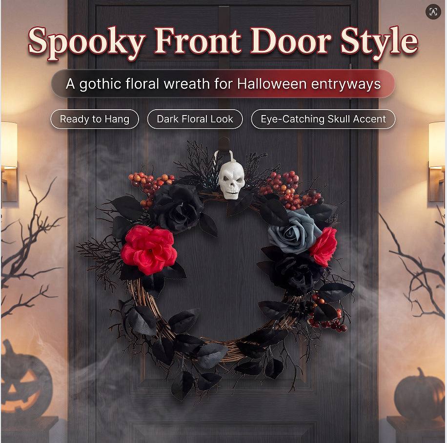 Halloween Türkranz mit künstlichen Rosen und Spinnweben, 40 cm, dunkles Design für Grusel-Deko, Festdekoration, Shop-Dekoration, Party-Deko