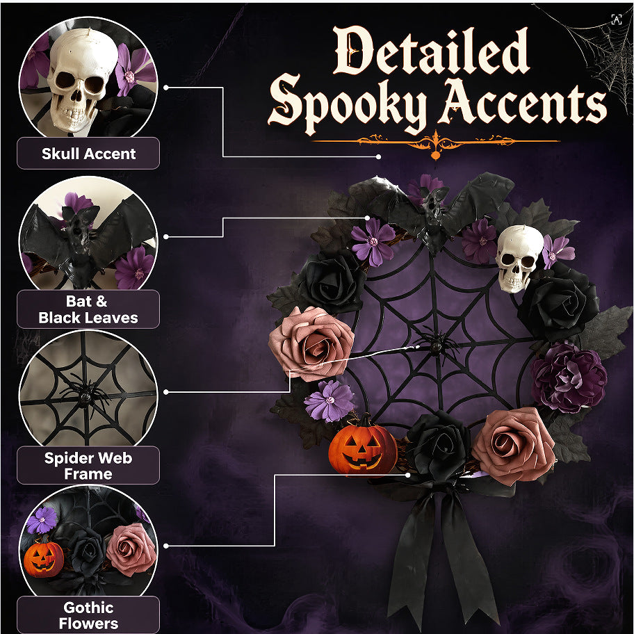 Halloween Türkranz mit künstlichen Rosen und Spinnweben, 40 cm, dunkles Design für Grusel-Deko, Festdekoration, Shop-Dekoration, Party-Deko
