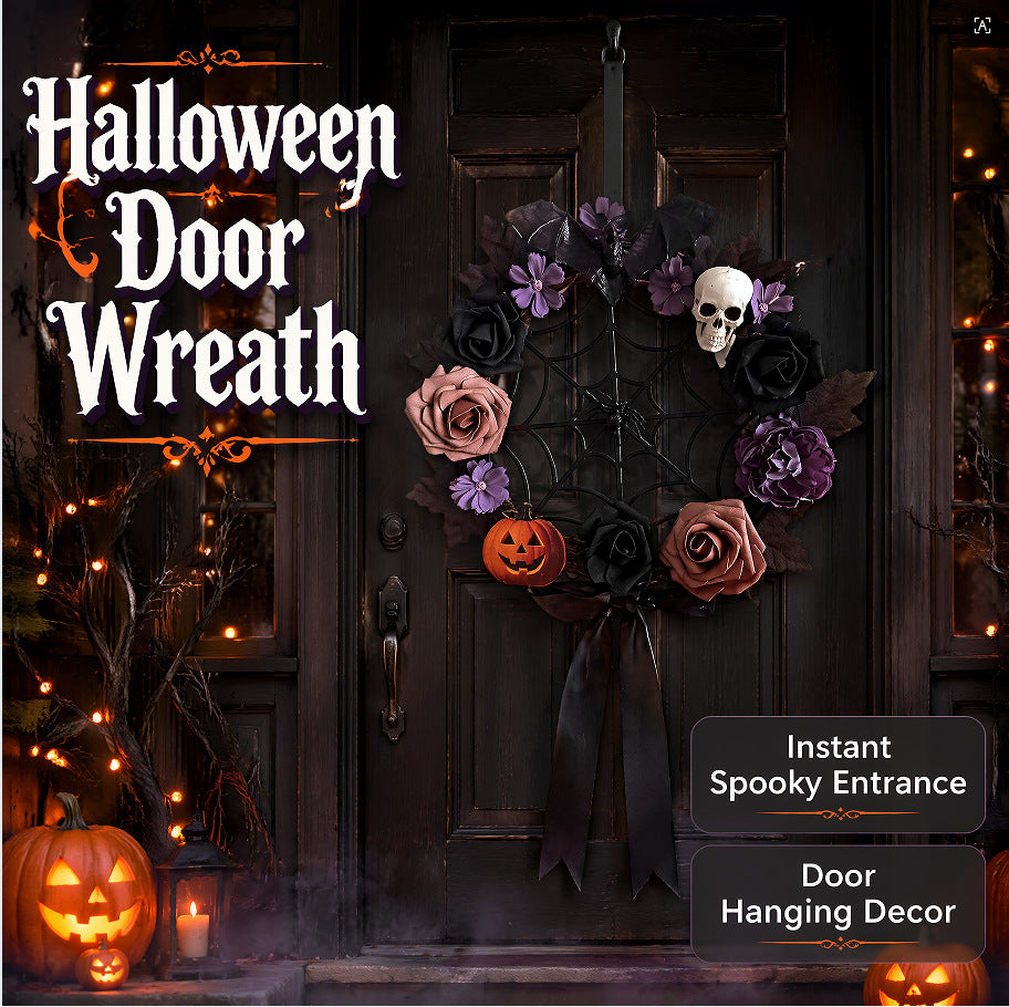 Halloween Türkranz mit künstlichen Rosen und Spinnweben, 40 cm, dunkles Design für Grusel-Deko, Festdekoration, Shop-Dekoration, Party-Deko