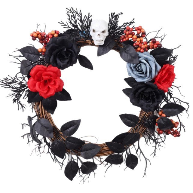 Halloween Türkranz mit künstlichen Rosen und Spinnweben, 40 cm, dunkles Design für Grusel-Deko, Festdekoration, Shop-Dekoration, Party-Deko