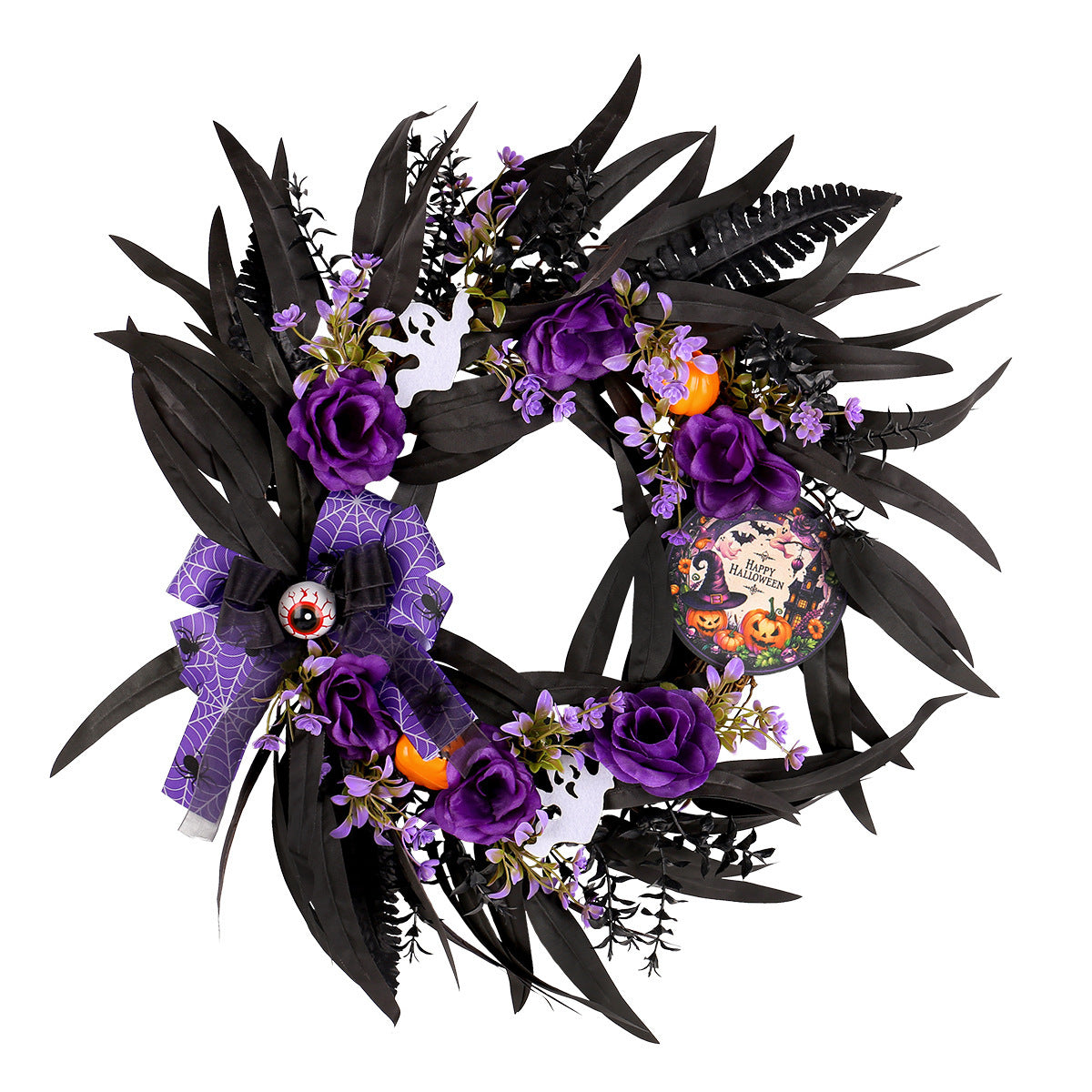 Halloween Rosenkranz aus Kunststoff, 50 cm, realistischer Trockenblumenkranz für Grusel-Deko, Türschmuck, Partydekoration, Innen- und Außenbereich