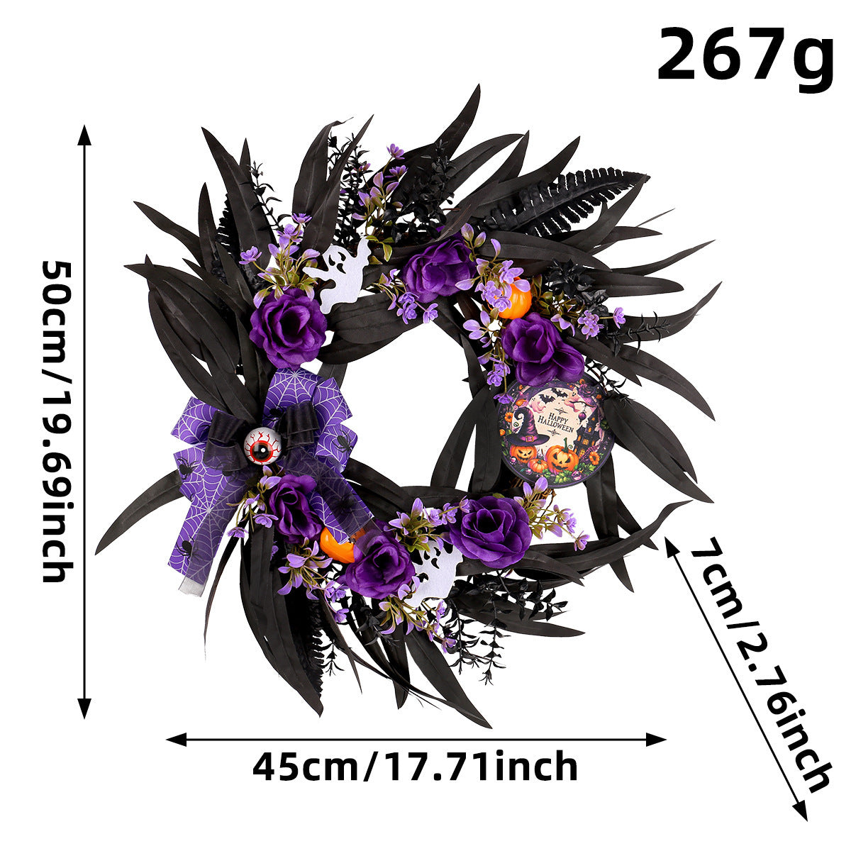 Halloween Rosenkranz aus Kunststoff, 50 cm, realistischer Trockenblumenkranz für Grusel-Deko, Türschmuck, Partydekoration, Innen- und Außenbereich