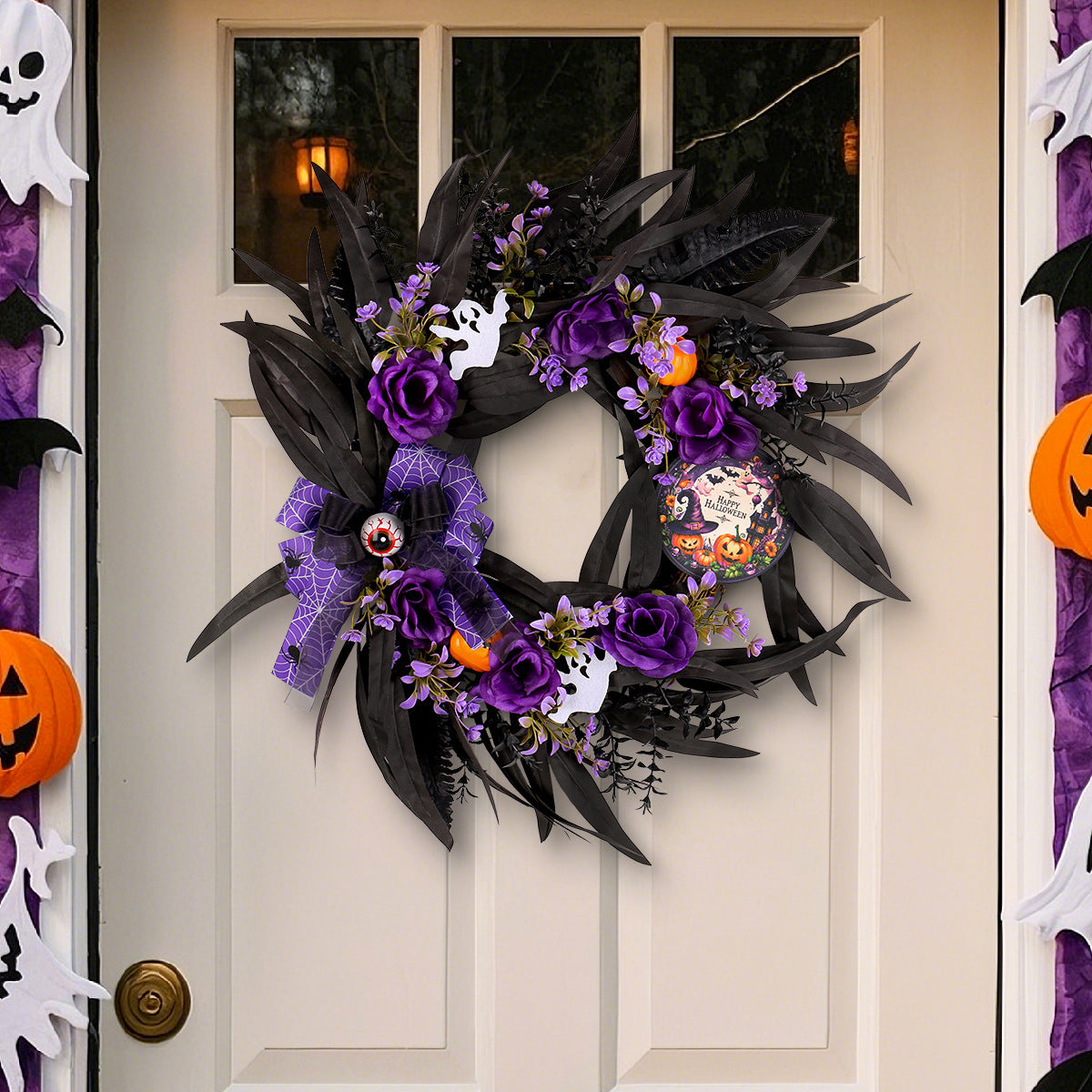 Halloween Rosenkranz aus Kunststoff, 50 cm, realistischer Trockenblumenkranz für Grusel-Deko, Türschmuck, Partydekoration, Innen- und Außenbereich
