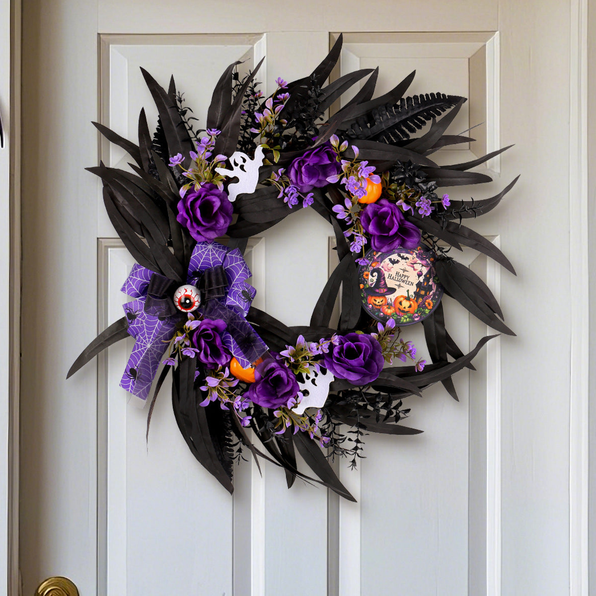 Halloween Rosenkranz aus Kunststoff, 50 cm, realistischer Trockenblumenkranz für Grusel-Deko, Türschmuck, Partydekoration, Innen- und Außenbereich
