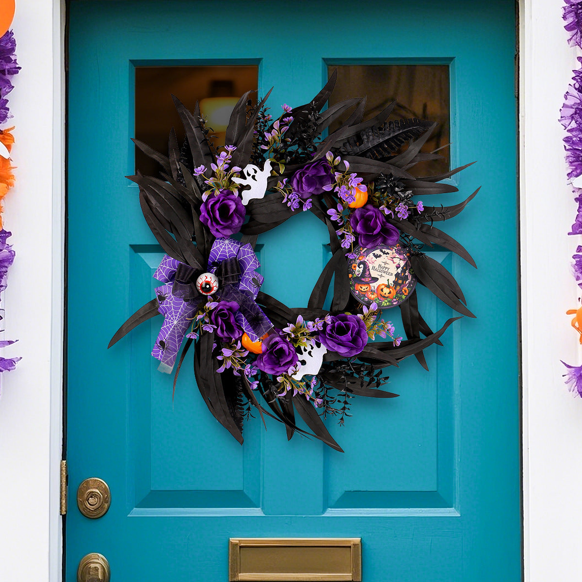 Halloween Rosenkranz aus Kunststoff, 50 cm, realistischer Trockenblumenkranz für Grusel-Deko, Türschmuck, Partydekoration, Innen- und Außenbereich