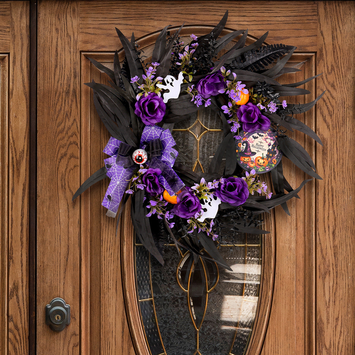 Halloween Rosenkranz aus Kunststoff, 50 cm, realistischer Trockenblumenkranz für Grusel-Deko, Türschmuck, Partydekoration, Innen- und Außenbereich