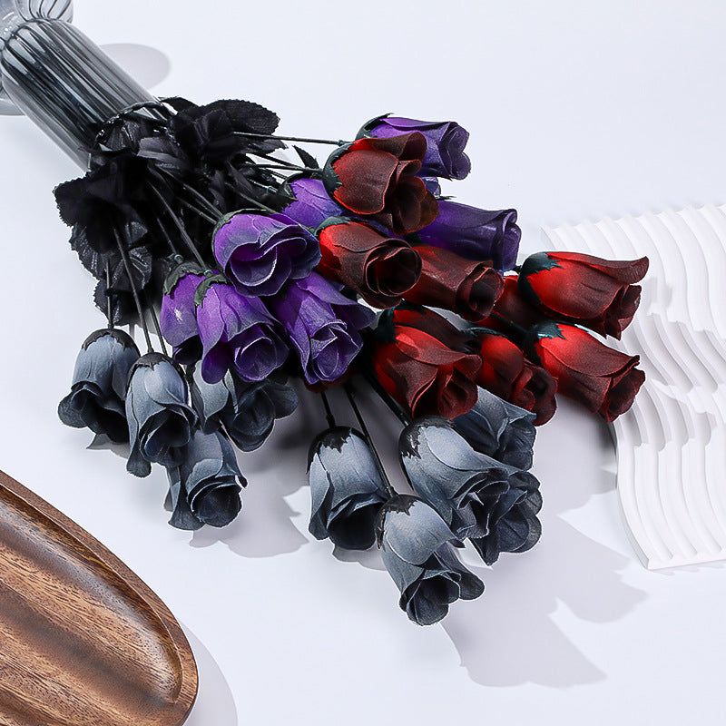 5er Set künstliche Mini-Rosen, 40 cm lang, Seide, dunkle Farben, Halloween-Deko, Goth-Stil, Hochzeit, Event-Dekoration