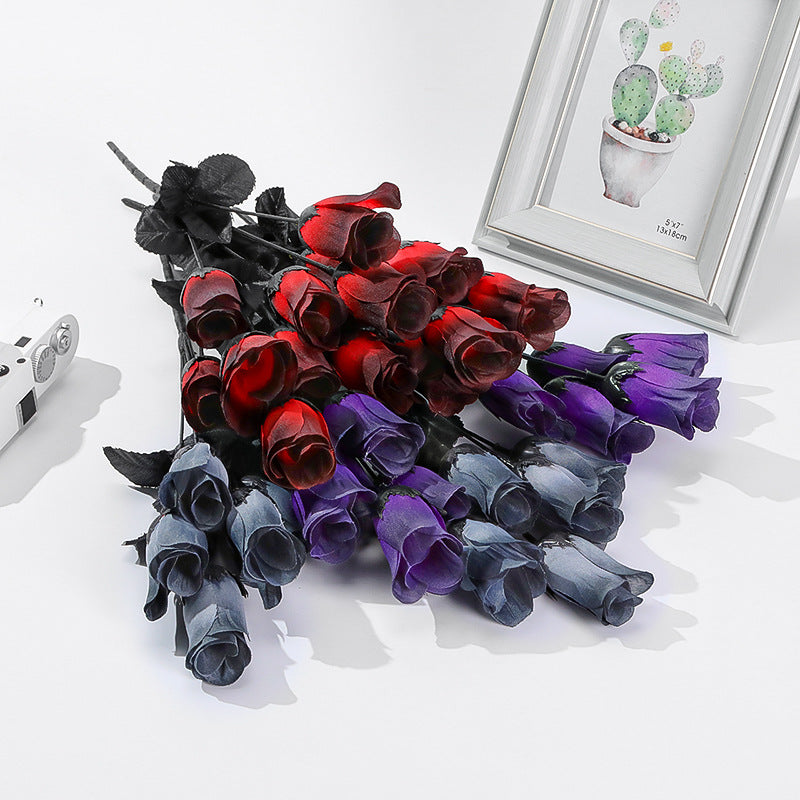 5er Set künstliche Mini-Rosen, 40 cm lang, Seide, dunkle Farben, Halloween-Deko, Goth-Stil, Hochzeit, Event-Dekoration