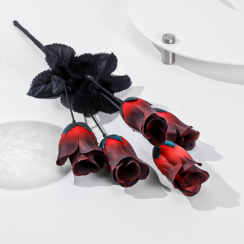 5er Set künstliche Mini-Rosen, 40 cm lang, Seide, dunkle Farben, Halloween-Deko, Goth-Stil, Hochzeit, Event-Dekoration