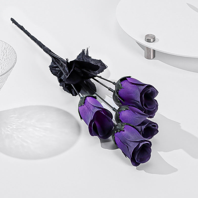 5er Set künstliche Mini-Rosen, 40 cm lang, Seide, dunkle Farben, Halloween-Deko, Goth-Stil, Hochzeit, Event-Dekoration