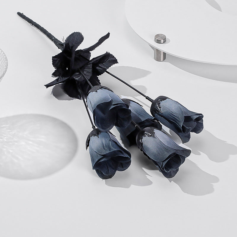 5er Set künstliche Mini-Rosen, 40 cm lang, Seide, dunkle Farben, Halloween-Deko, Goth-Stil, Hochzeit, Event-Dekoration
