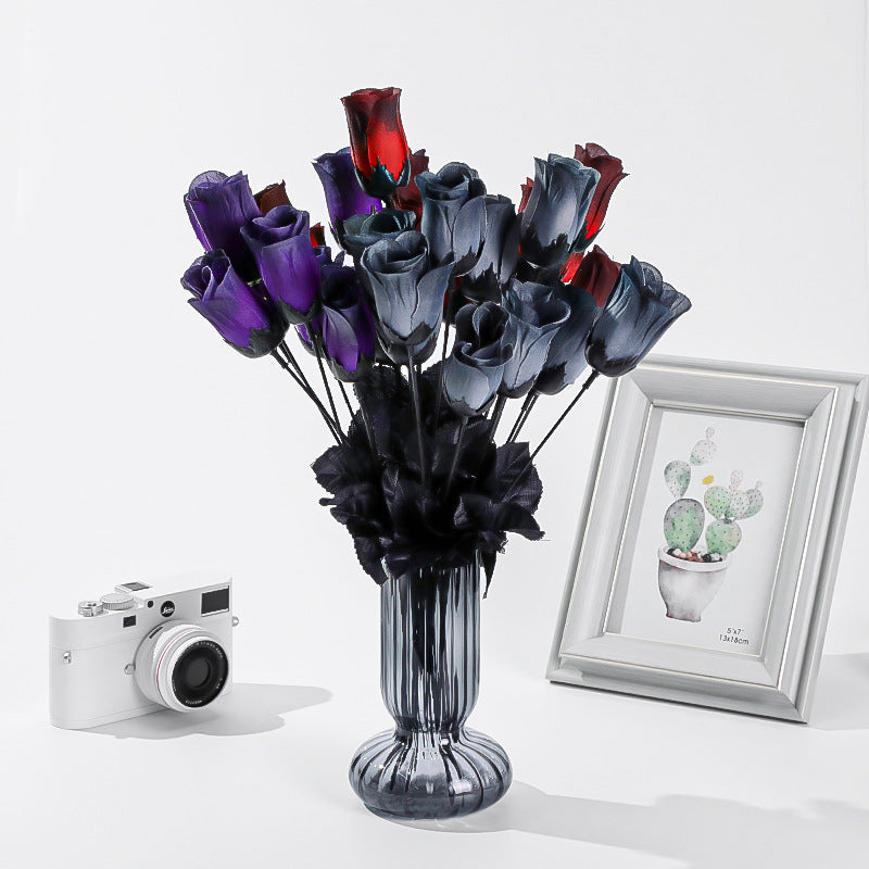 5er Set künstliche Mini-Rosen, 40 cm lang, Seide, dunkle Farben, Halloween-Deko, Goth-Stil, Hochzeit, Event-Dekoration
