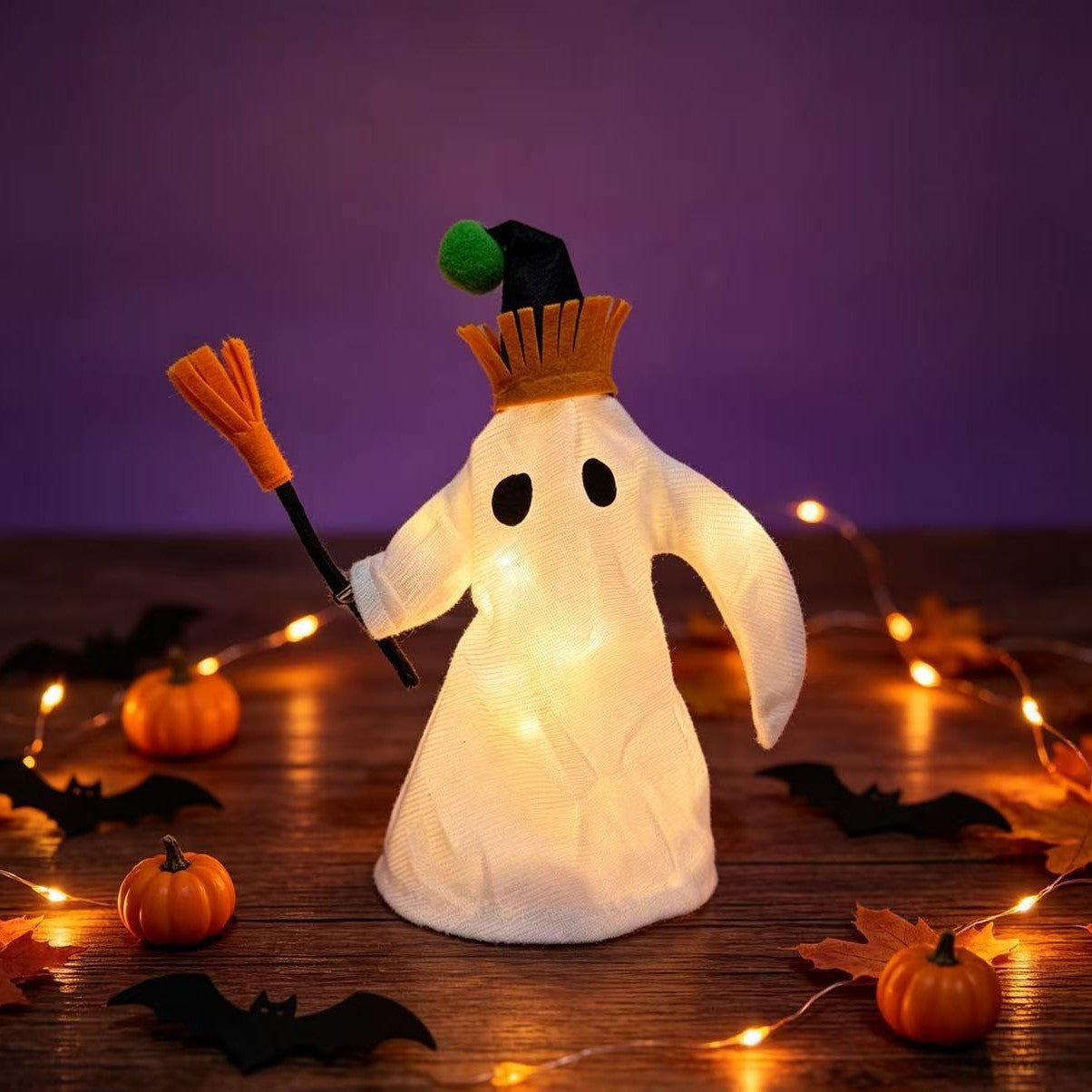 Halloween LED-Geister-Deko mit Besen, 27 cm lang, Kunststoff, für Innen- und Außendekoration, Party, Festdekoration
