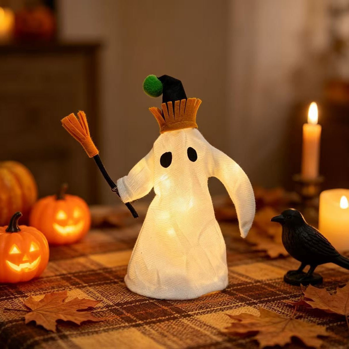 Halloween LED-Geister-Deko mit Besen, 27 cm lang, Kunststoff, für Innen- und Außendekoration, Party, Festdekoration