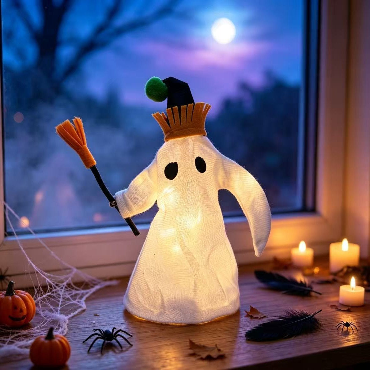 Halloween LED-Geister-Deko mit Besen, 27 cm lang, Kunststoff, für Innen- und Außendekoration, Party, Festdekoration