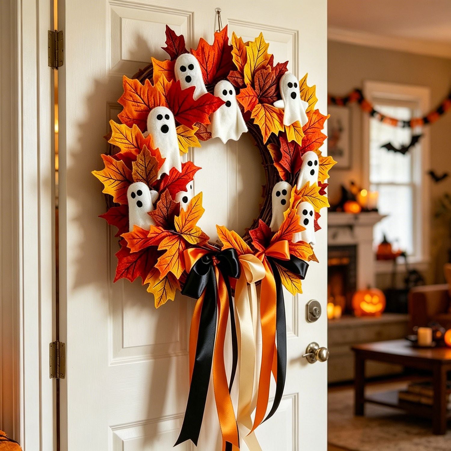 Halloween-Geisterkranz mit Schleife, 40 cm, künstliche Blumen, dekorativer Türschmuck für Feiertage, Partys, Dekoration