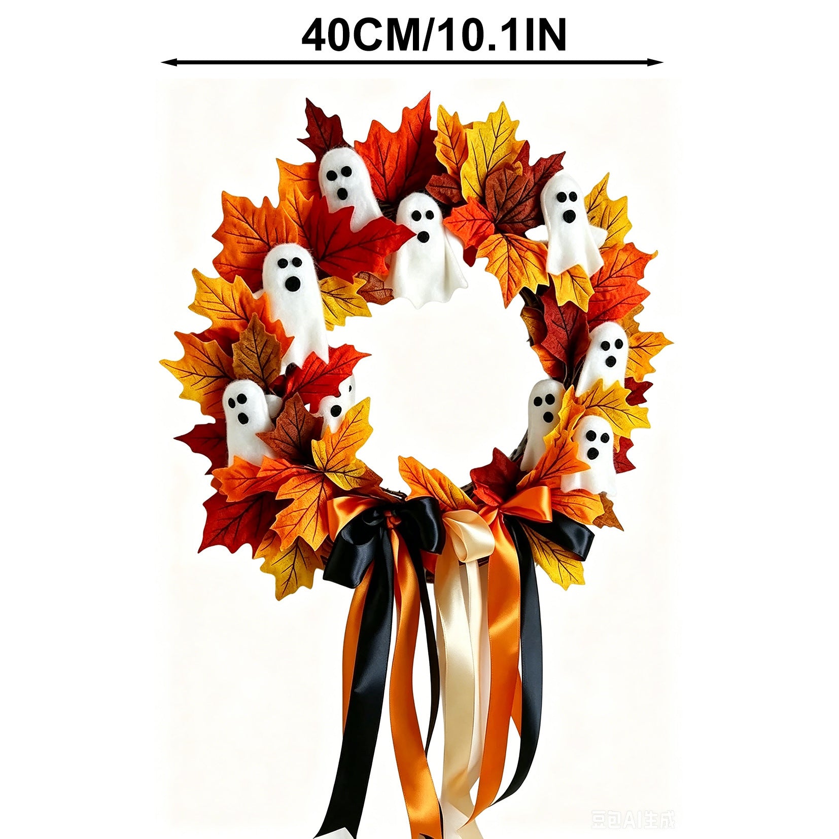 Halloween-Geisterkranz mit Schleife, 40 cm, künstliche Blumen, dekorativer Türschmuck für Feiertage, Partys, Dekoration