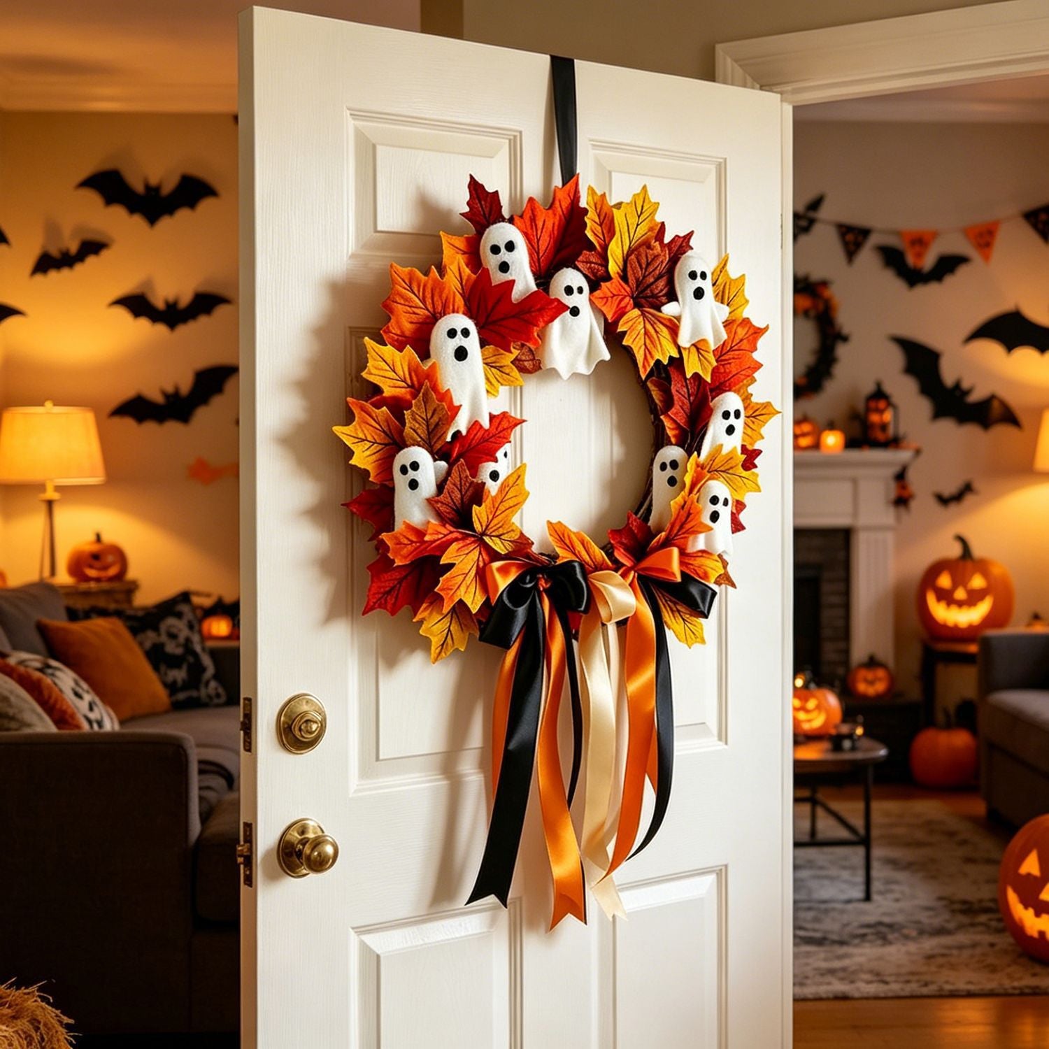 Halloween-Geisterkranz mit Schleife, 40 cm, künstliche Blumen, dekorativer Türschmuck für Feiertage, Partys, Dekoration