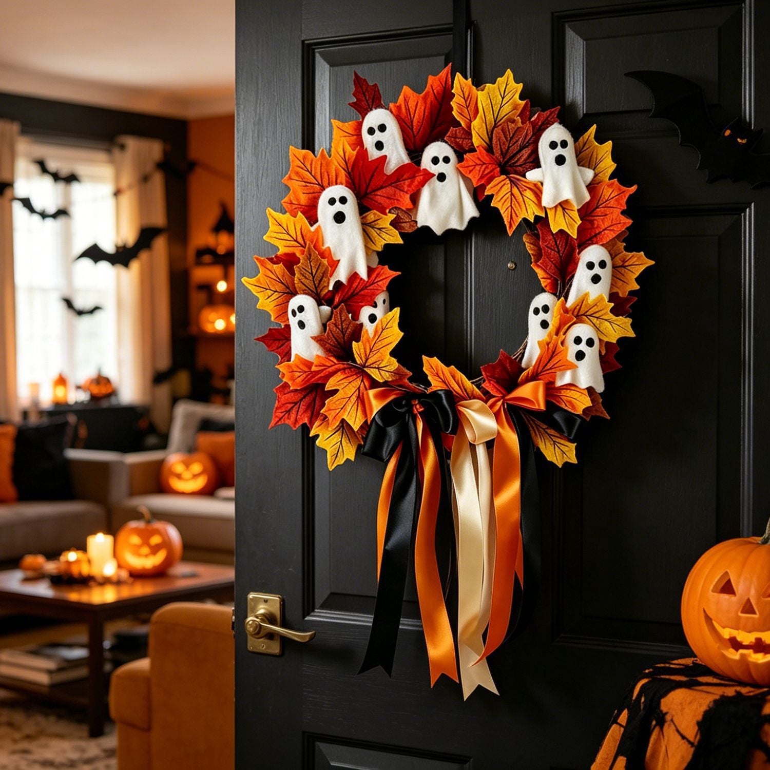 Halloween-Geisterkranz mit Schleife, 40 cm, künstliche Blumen, dekorativer Türschmuck für Feiertage, Partys, Dekoration