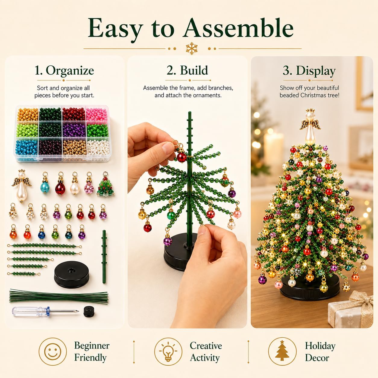 28 cm DIY Perlen-Weihnachtsbaum-Kit, künstlicher Tannenbaum mit Lichtern, Tischdekoration für Hochzeiten, Feiertage, Geschenke, Bastelset