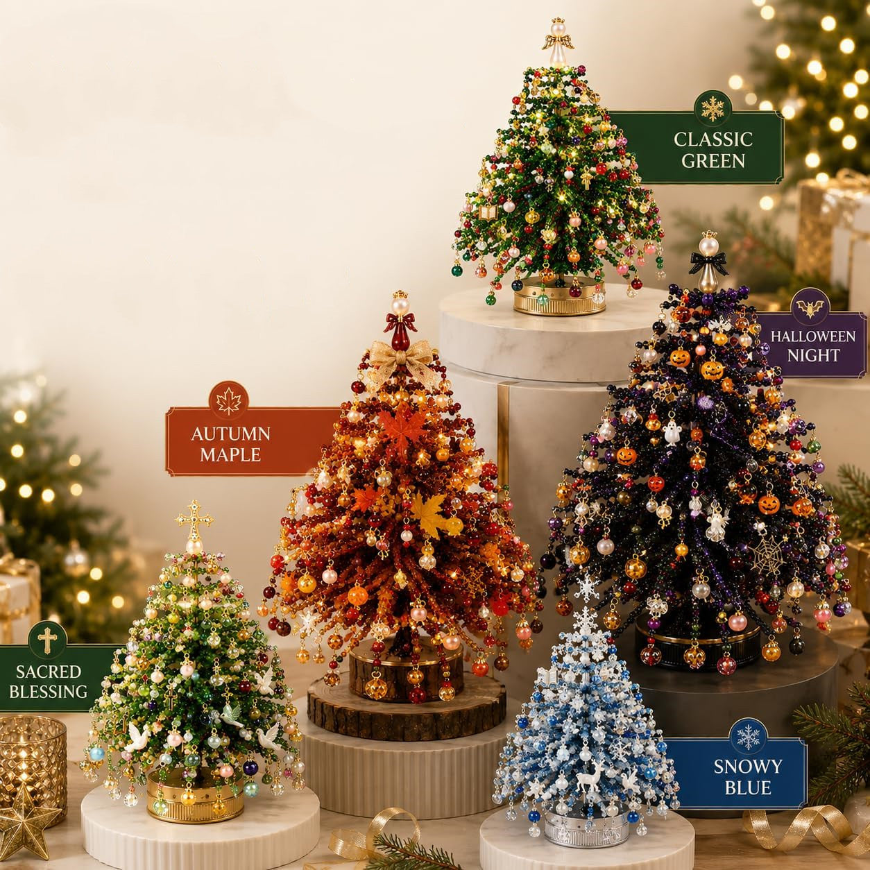 28 cm DIY Perlen-Weihnachtsbaum-Kit, künstlicher Tannenbaum mit Lichtern, Tischdekoration für Hochzeiten, Feiertage, Geschenke, Bastelset