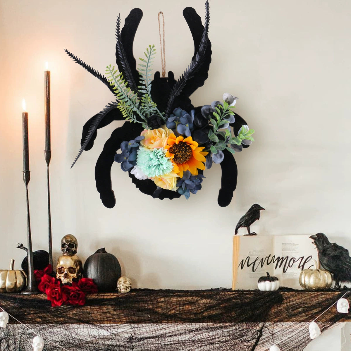Künstlicher Spinnenpflanzen-Kranz für Halloween, 30 cm, Real-Touch, für Tür, Fenster, Schaufenster, Innen- und Außenbereich