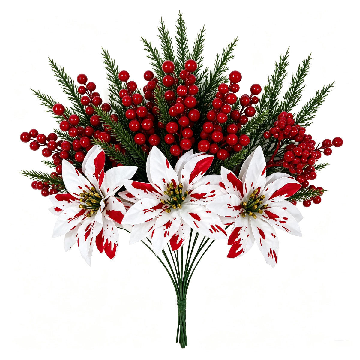 Künstliche Weihnachtssterne, 7-köpfige Poinsettia-Bukett, 32 cm, realistische Kunstblumen für Festdekoration, Schaufenster, Hochzeiten, Weihnachten
