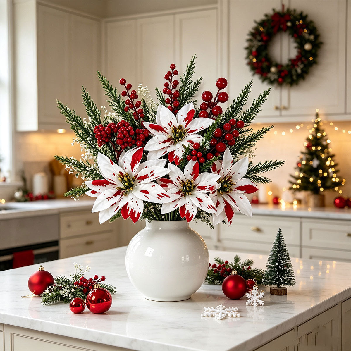 Künstliche Weihnachtssterne, 7-köpfige Poinsettia-Bukett, 32 cm, realistische Kunstblumen für Festdekoration, Schaufenster, Hochzeiten, Weihnachten