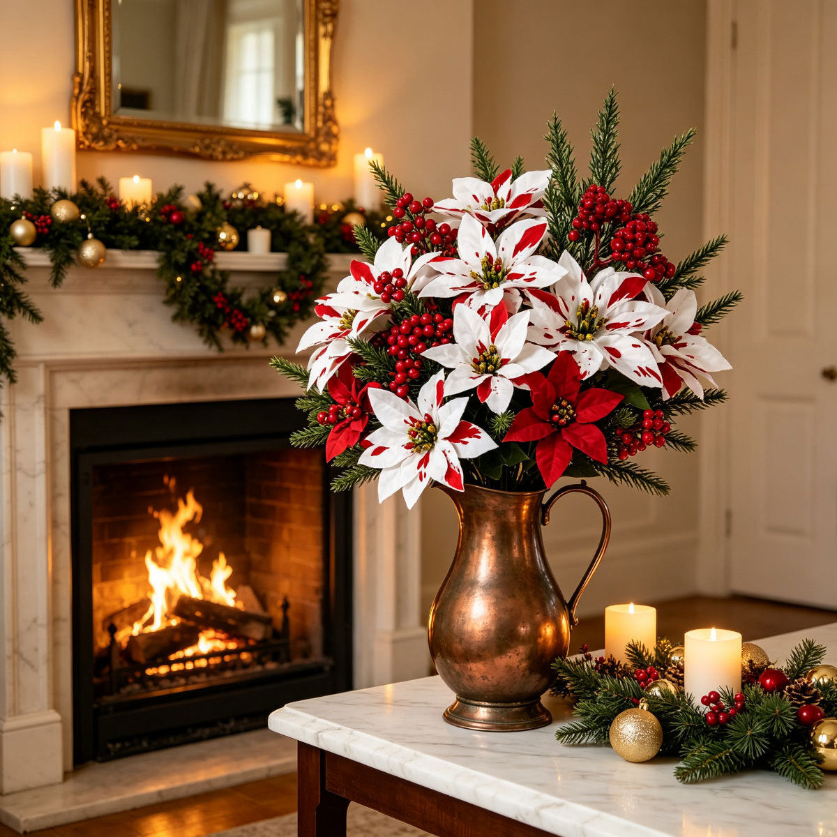 Künstliche Weihnachtssterne, 7-köpfige Poinsettia-Bukett, 32 cm, realistische Kunstblumen für Festdekoration, Schaufenster, Hochzeiten, Weihnachten