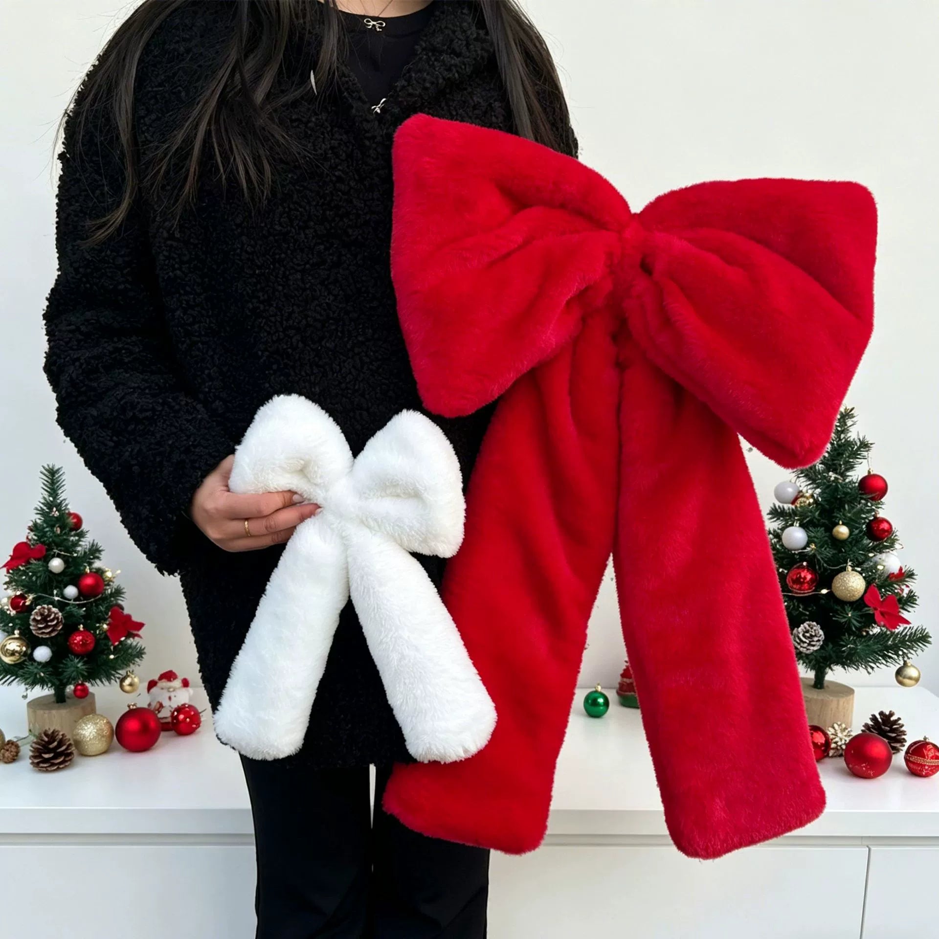 Weihnachts-Schleife aus Plüsch, 3 Größen (30-70 cm), Rot/Weiß, Dekoration für Hochzeiten, Events, Festdekoration, realistische Optik