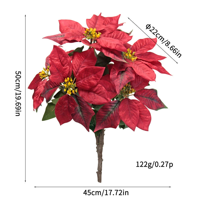 Künstliche Weihnachtsblumen 50 cm, Real-Touch Kunststoff, 7 Blütenköpfe, 22 cm Durchmesser, für Außenbereich, Festdekoration, Hochzeit, Event, Ladenausstattung