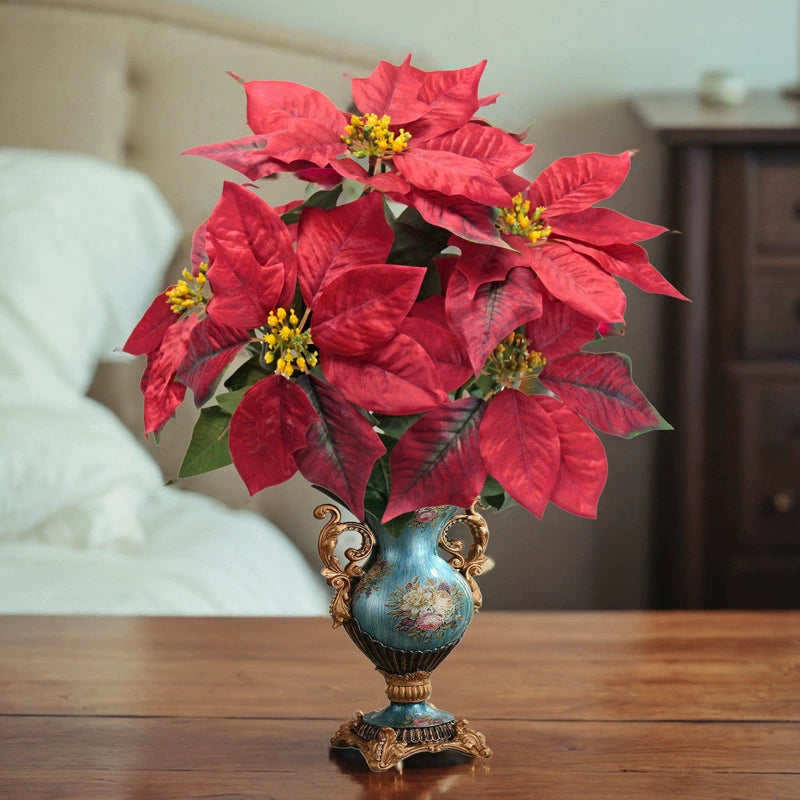 Künstliche Weihnachtsblumen 50 cm, Real-Touch Kunststoff, 7 Blütenköpfe, 22 cm Durchmesser, für Außenbereich, Festdekoration, Hochzeit, Event, Ladenausstattung