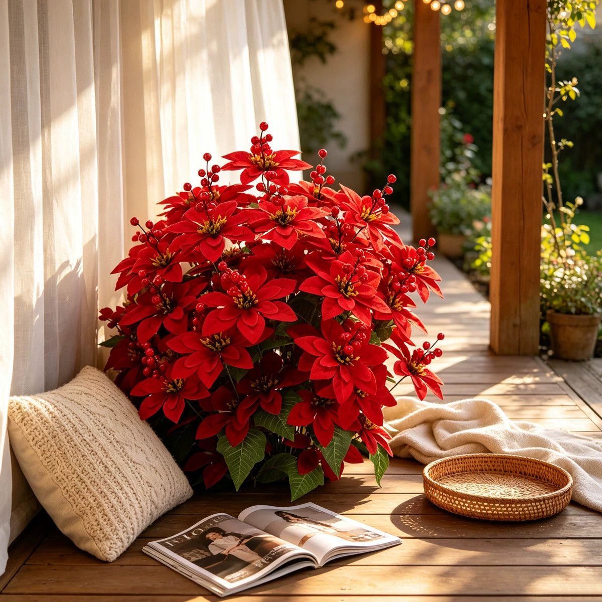 Künstliche Weihnachtsstern-Pflanze, 90 cm hoch, 48 Blüten, Real-Touch Kunststoff, für Festdekoration, Hochzeit, Event, Büro, Zuhause
