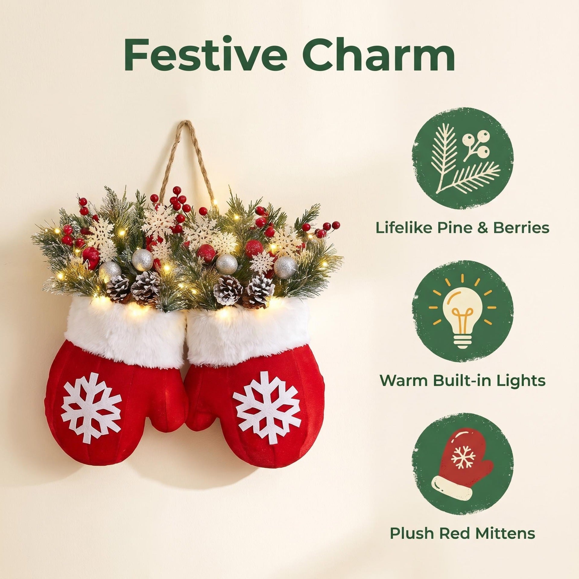 Weihnachtskranz mit Lichtern, 40cm, künstliche Tannenzapfen & Beeren, festliche Dekoration für Tür, Wand, Hochzeit, Event