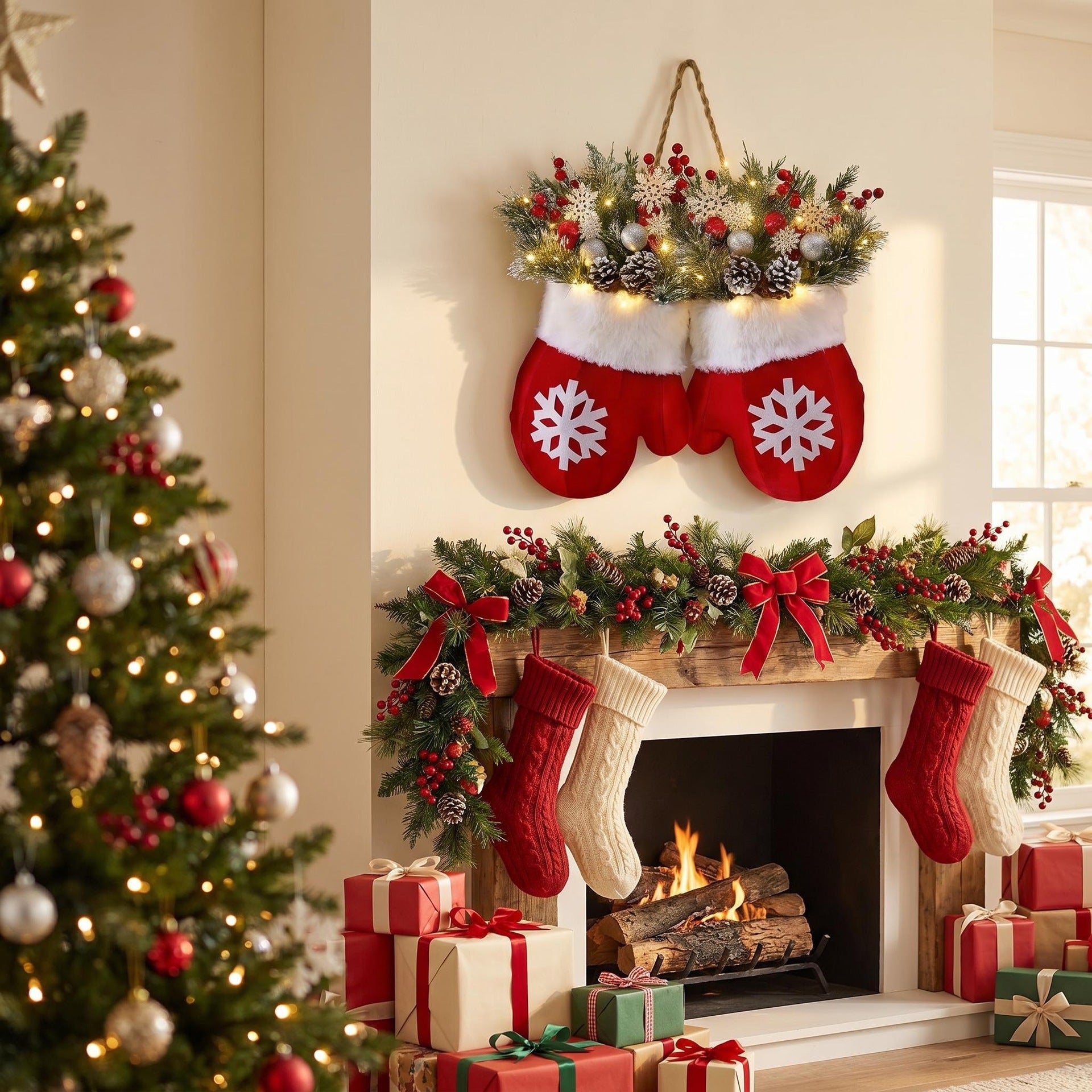 Weihnachtskranz mit Lichtern, 40cm, künstliche Tannenzapfen & Beeren, festliche Dekoration für Tür, Wand, Hochzeit, Event