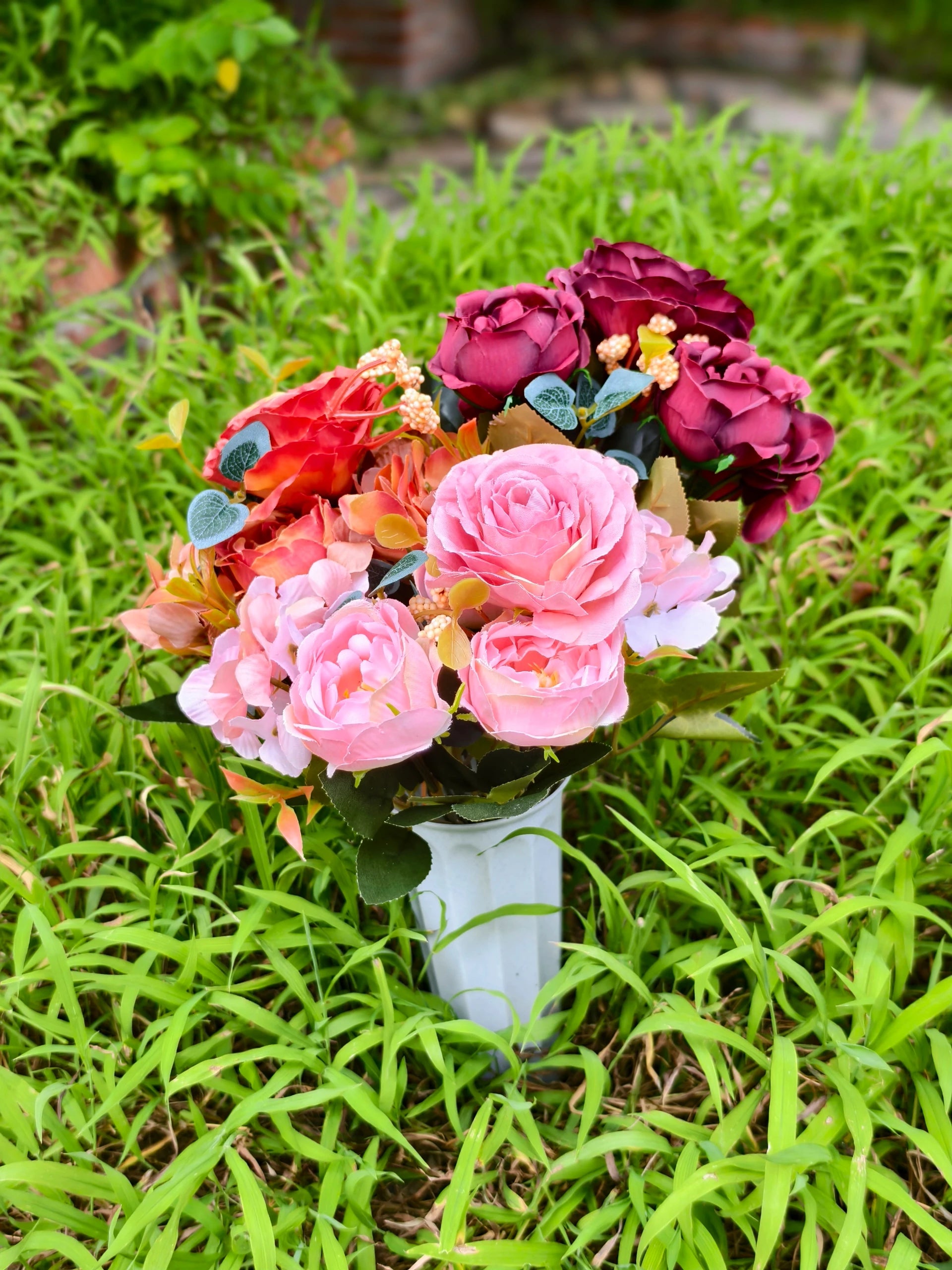 Künstliche Friedhofsblume mit Erdspieß, 40 cm, Real-Touch Material, für Grabdekoration, Hochzeiten, Inneneinrichtung