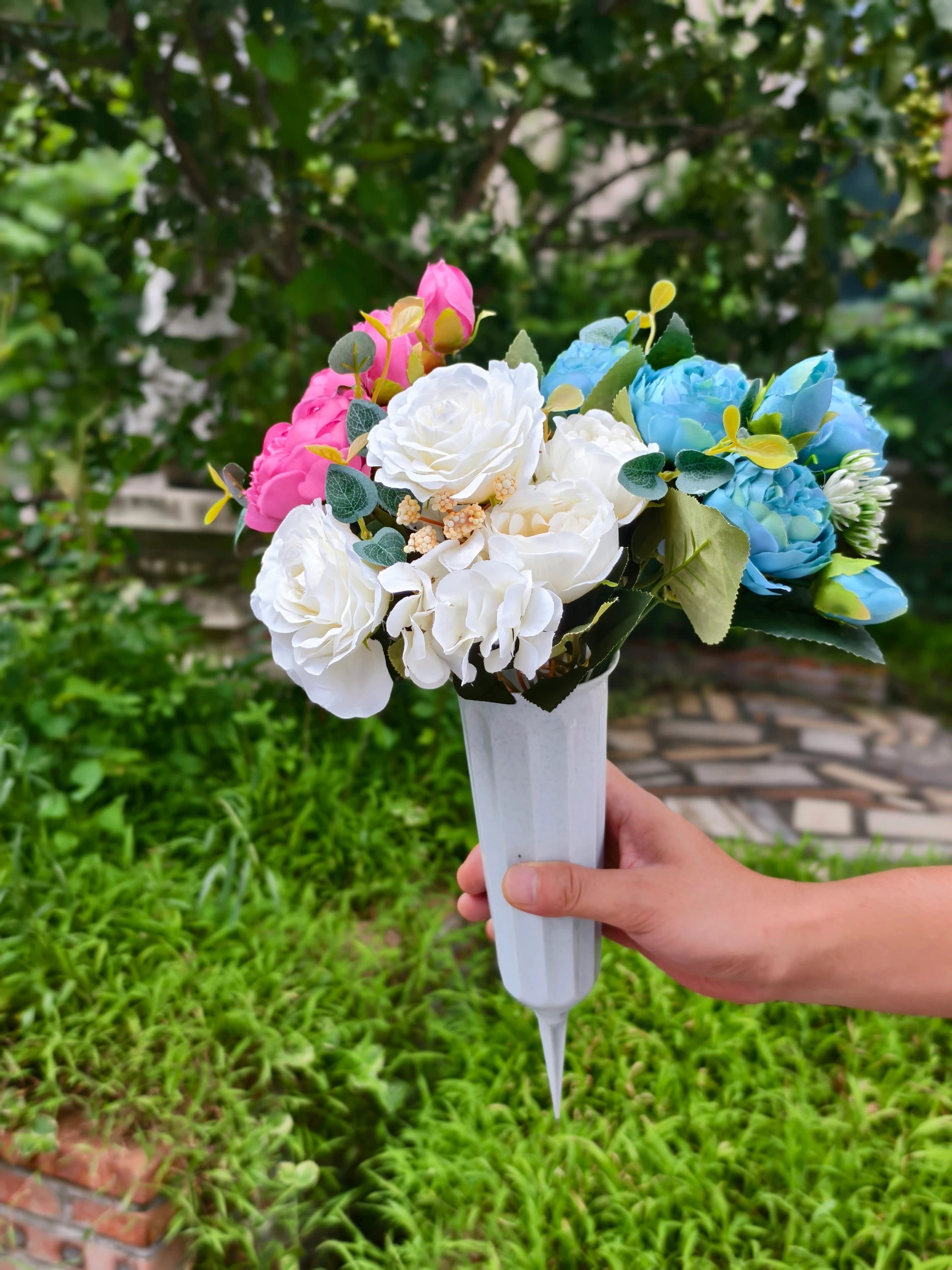Künstliche Friedhofsblume mit Erdspieß, 40 cm, Real-Touch Material, für Grabdekoration, Hochzeiten, Inneneinrichtung