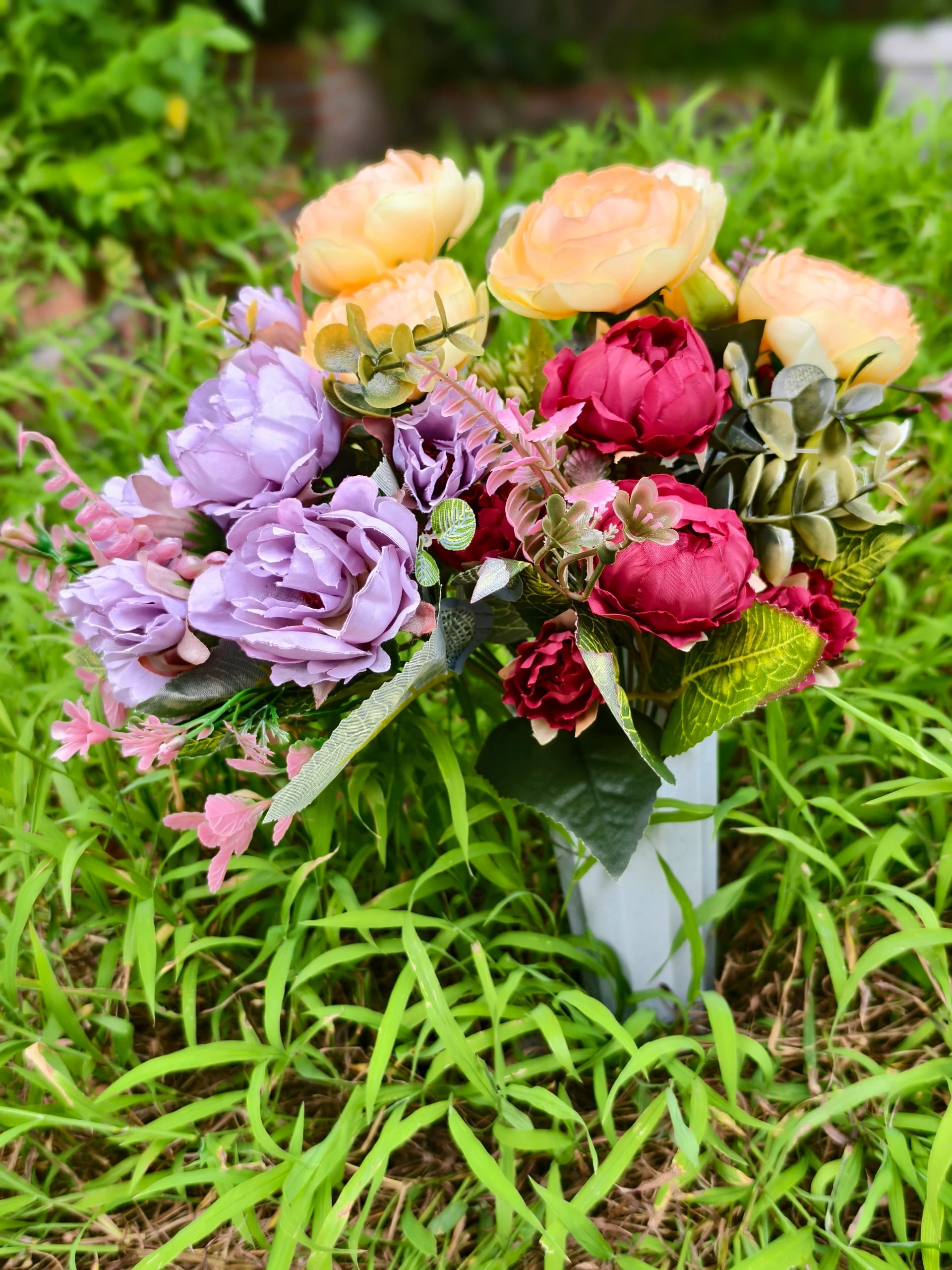 Künstliche Friedhofsblume mit Erdspieß, 40 cm, Real-Touch Material, für Grabdekoration, Hochzeiten, Inneneinrichtung