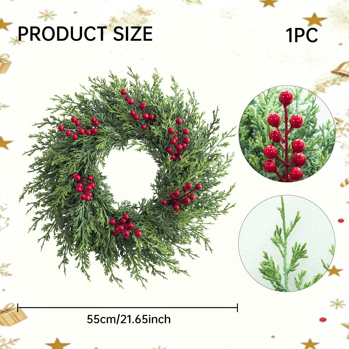Weihnachtskranz aus künstlicher Tannenzweigen mit roten Beeren, 55 cm Durchmesser, für Innen- und Außendekoration, Weihnachtsdekoration, Haustür, Tischdekoration