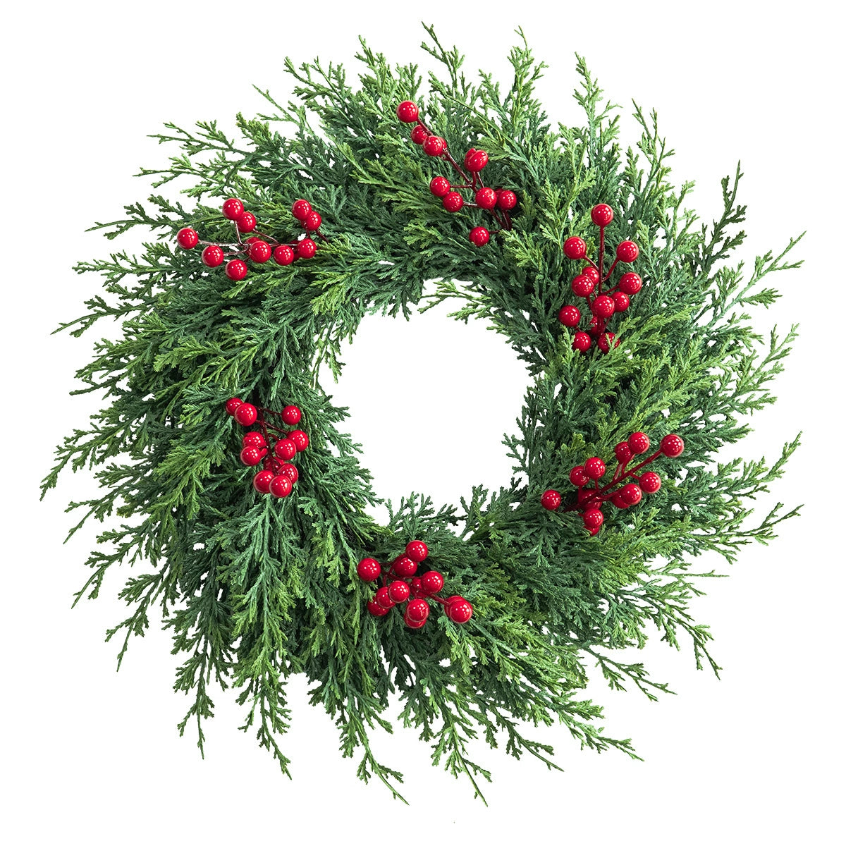 Weihnachtskranz aus künstlicher Tannenzweigen mit roten Beeren, 55 cm Durchmesser, für Innen- und Außendekoration, Weihnachtsdekoration, Haustür, Tischdekoration