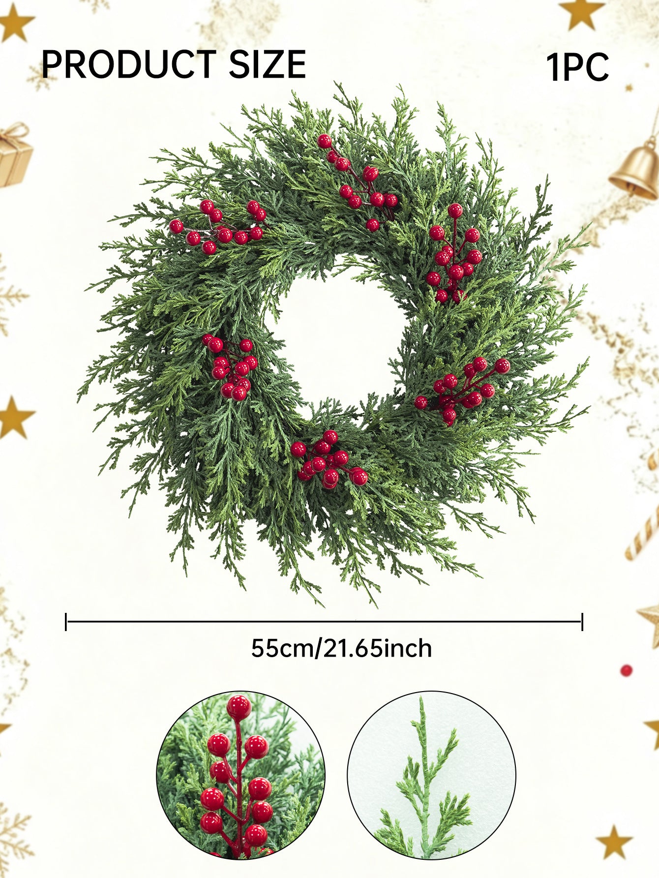 Weihnachtskranz aus künstlicher Tannenzweigen mit roten Beeren, 55 cm Durchmesser, für Innen- und Außendekoration, Weihnachtsdekoration, Haustür, Tischdekoration