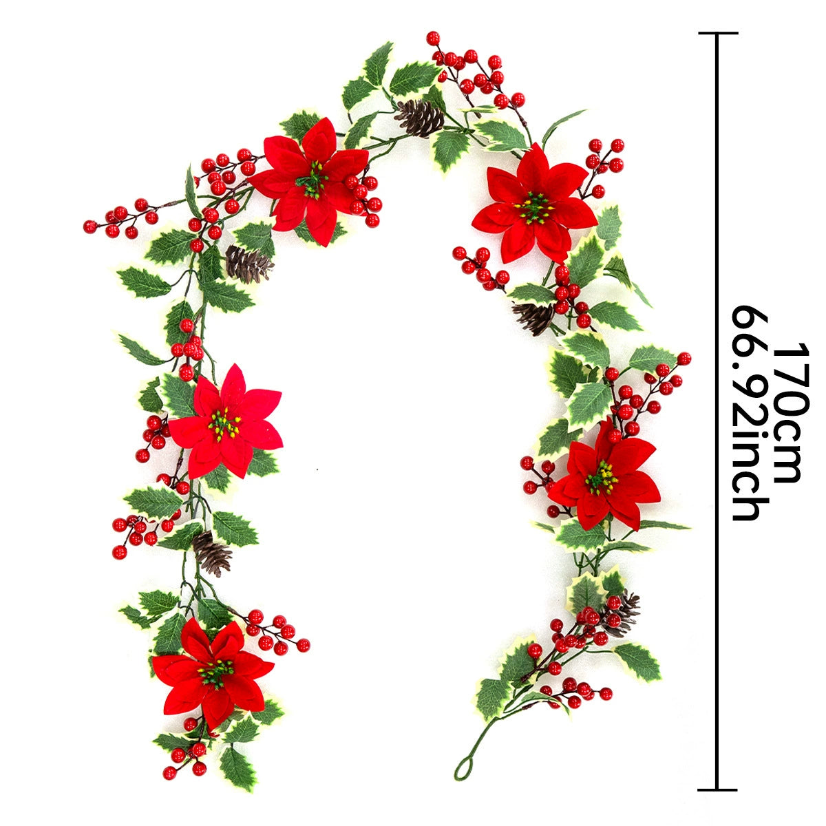 Weihnachts-Girlande 170 cm, künstliche Poinsettie mit roten Beeren, realistisch, biegbare Stängel, Festdeko, Hochzeit, Laden, Zuhause, Grabschmuck