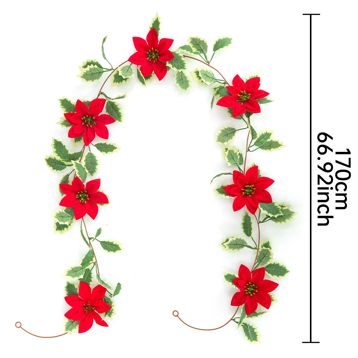 Weihnachts-Girlande 170 cm, künstliche Poinsettie mit roten Beeren, realistisch, biegbare Stängel, Festdeko, Hochzeit, Laden, Zuhause, Grabschmuck