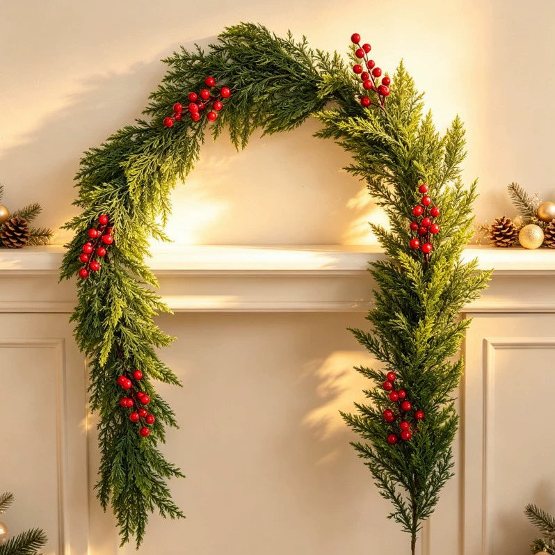 Weihnachtsdeko mit Lichtern, 180 cm lange Efeuranke mit roten Beeren, künstliche Girlande für Innen- und Außenbereich, Hochzeitsevent, Festtagsdekoration