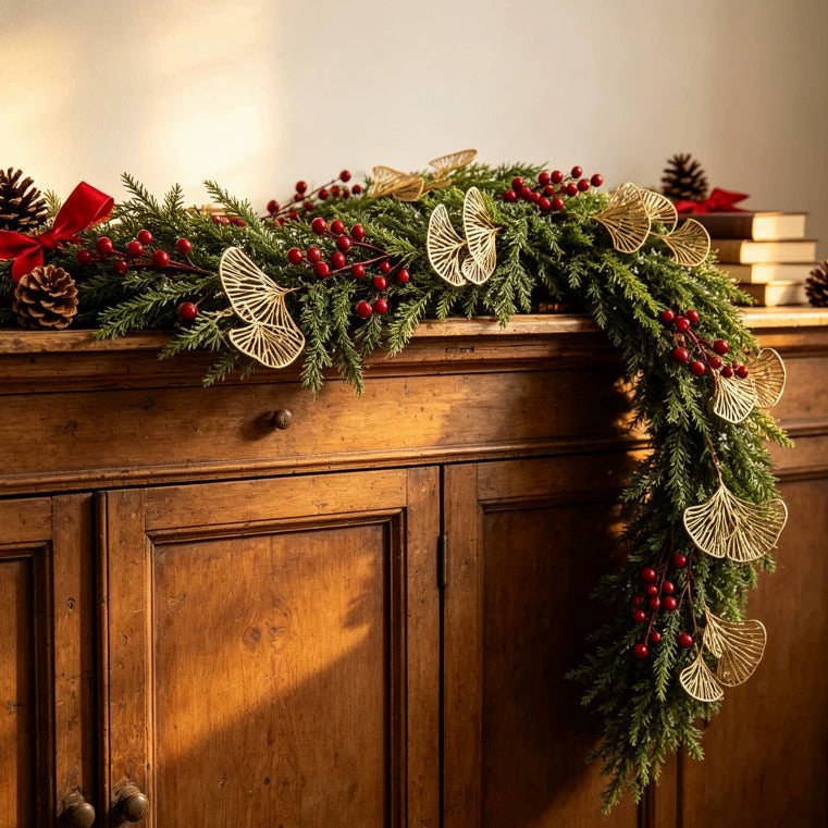 Künstliche Kiefernzweige mit goldenen Fächern und roten Beeren, 180 cm, für Weihnachtsdeko, Hochzeiten, Hoteldekoration