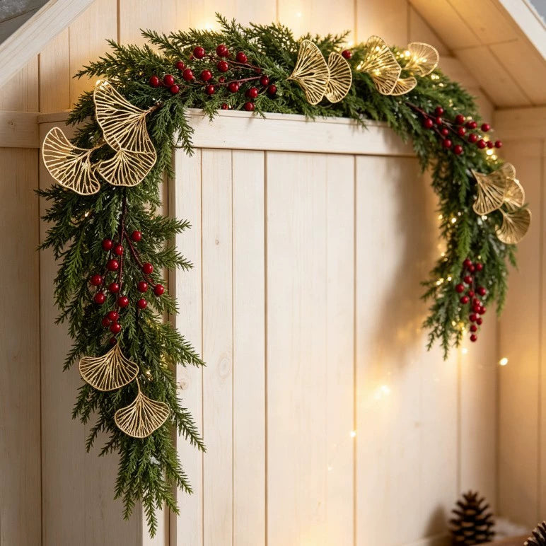 Künstliche Kiefernzweige mit goldenen Fächern und roten Beeren, 180 cm, für Weihnachtsdeko, Hochzeiten, Hoteldekoration